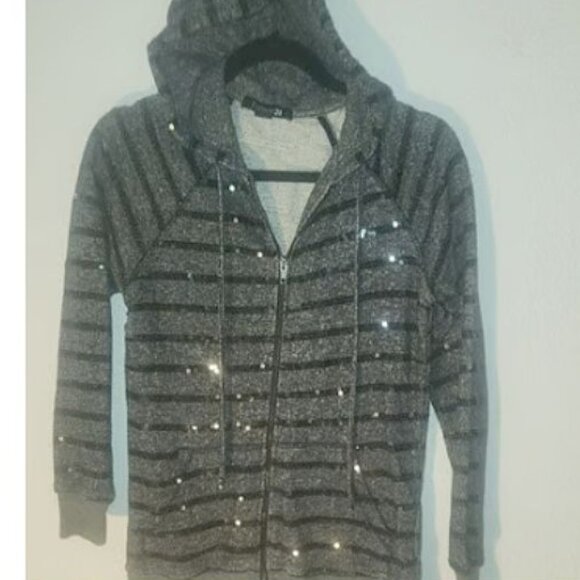 FOREVER 21 zippered Hoodie, Black and gray w/ silver sequins in size small - Picture 14 of 16